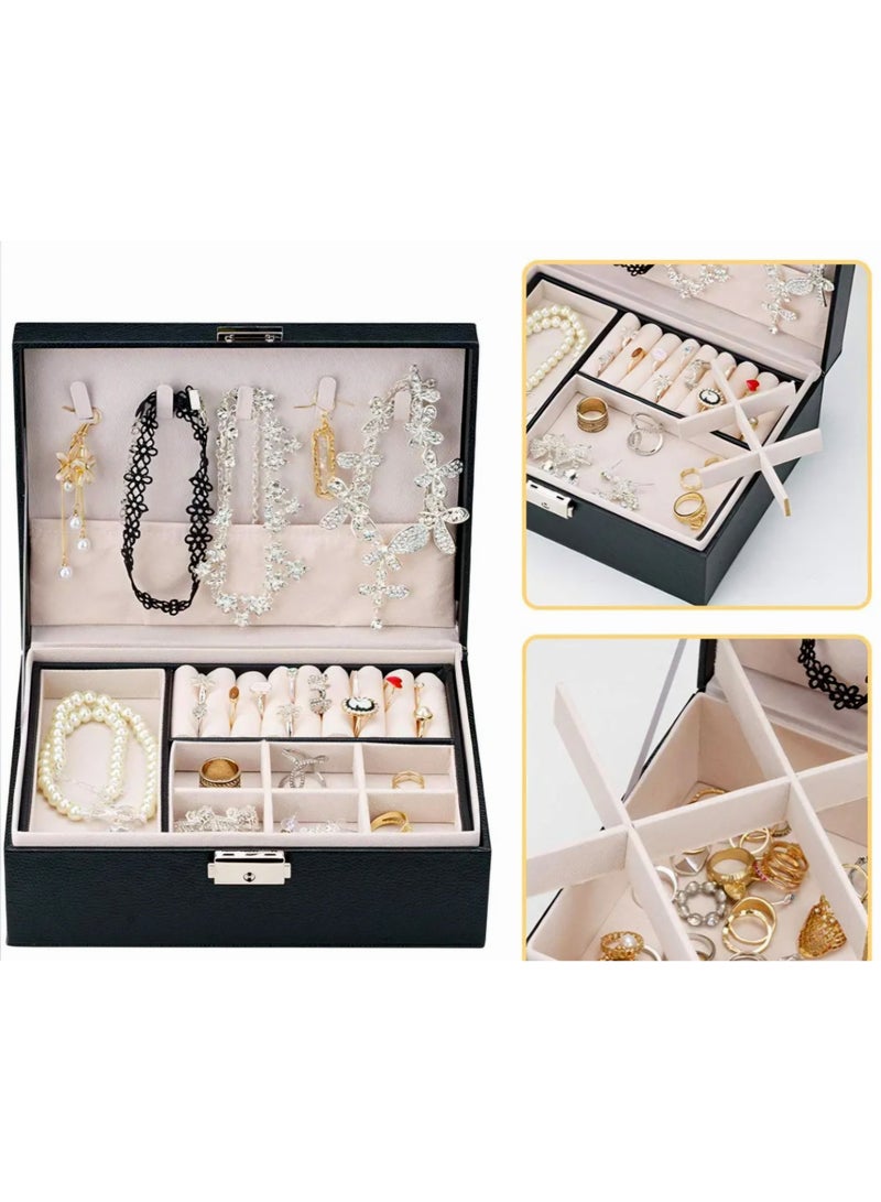 علبة مجوهرات كبيرة السعة قطعة واحدة مع قفل لتخزين القلائد والخواتم والأقراط والإكسسوارات الأخرى – أسود - Image 2